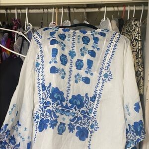 Jade Blue and White Patterned Blouse